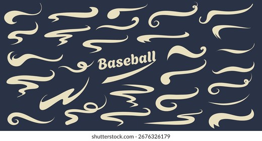 Conjunto de colas de swoosh de texto de béisbol, swashes deportivos de subrayado para tipografía retro. Elementos de Vector de decoración de fuentes. Ilustración vectorial.