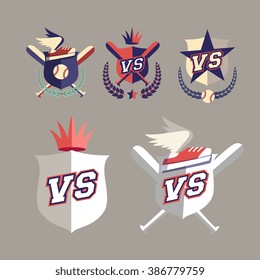 Baseball theme emblem set, crossed bat on shield with star. doodle flat style vector illustration. Design for stickers, logo, web and mobile app.