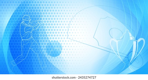 Baseball themed background in blue tones with abstract dots and curves, with silhouettes of a baseball field, cup, ball and batsman