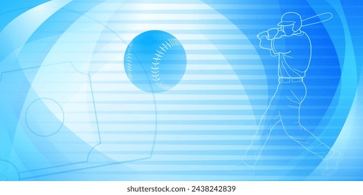 Baseball themed background in blue tones with abstract lines and curves, with silhouettes of a baseball field, ball and batsman
