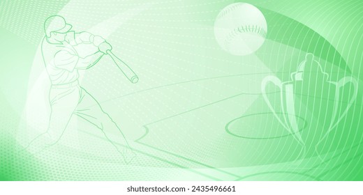 Baseball themed background in green tones with abstract dotted lines, dots and curves, with silhouettes of a baseball field, cup, ball and batsman