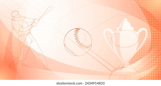 Fondo temático de béisbol en tonos anaranjados con líneas abstractas, puntos y curvas, con siluetas de un campo de béisbol, copa, pelota y bateador