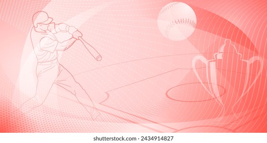 Baseball themed background in red tones with abstract dotted lines, dots and curves, with silhouettes of a baseball field, cup, ball and batsman