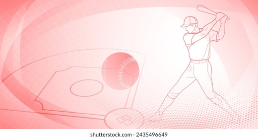 Fondo temático de béisbol en tonos rojos con puntos abstractos, líneas y curvas, con siluetas de un campo de béisbol, pelota y bateador