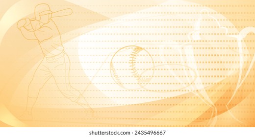 Baseball themed background in yellow tones with abstract dotted lines and curves, with silhouettes of a baseball field, cup, ball and batsman
