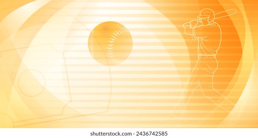 Baseball themed background in yellow tones with abstract lines and curves, with silhouettes of a baseball field, ball and batsman
