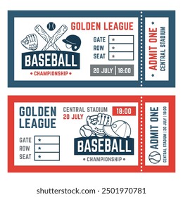 Baseball ticket design templates. Championship coupons. Sports game elements. Place and time information. Event invitation. Stadium access labels. Baseballers match