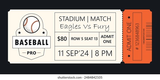 Baseball torn-off ticket template. Vector illustration of entrance ticket for baseball tournament. Modern linear badge design with ball. Editable stroke.