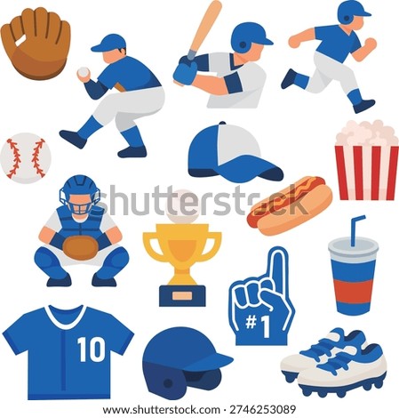 Baseball Tournament Action Poses and Fan Merchandise Vector Collection