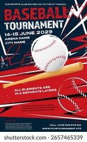 Baseball tournament dynamic poster template with ball, bat and copy space - vector illustration
