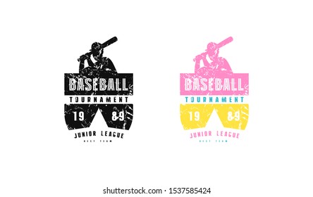 Baseball tournament emblem for t-shirt. Design with vintage texture. Black and color print on white background