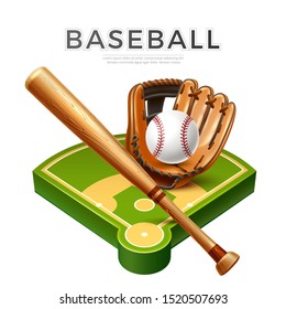 Baseball tournament flyer, poster template. Realistic baseball bat, leather glove and ball at playground for championship promotion, betting poster vector design. Team sport league banner.