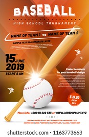 Baseball tournament poster template with ball and bat - sample text in separate layer. Vector illustration.