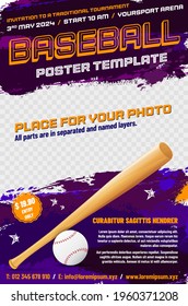 Baseball tournament poster template with ball, bat and place for your photo - vector illustration