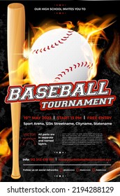 Baseball tournament poster template with ball and bat on fire - vector illustration