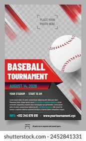 Baseball tournament poster template with ball, stripes, place for your photo and copy space - vector illustration