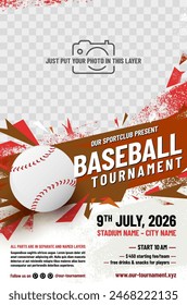 Baseball tournament poster template with ball and place for your photo - vector illustration