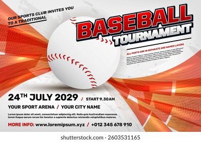 Baseball tournament poster template with ball, dynamic shapes and copy space for text. Vector illustration.