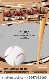 Baseball tournament poster template with ball, bat, grungy and halftone elements and place for your photo - vector illustration