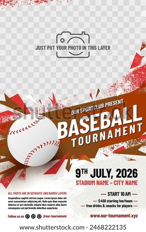 Baseball tournament poster template with ball and place for your photo - vector illustration