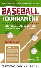 Baseball tournament poster template with balls and playground lines - vector illustration