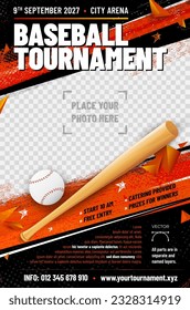 Plantilla de afiches del torneo de béisbol con bate, bola y lugar para tu foto - ilustración vectorial