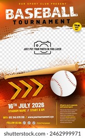 Baseball tournament poster template with bat, ball, arrows and place for your photo - vector illustration