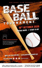 Baseball tournament poster template with bat, ball and grungy dirty background - vector illustration