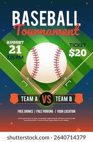 Baseball tournament poster vector illustration. A ball in a baseball field