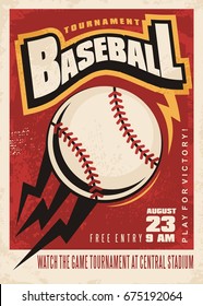 Baseball Tournament Retro Poster Design Template With Close Up Baseball Ball On Grunge Red Background. Vector Illustration.