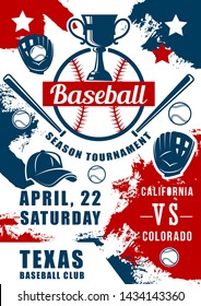 Baseball tournament, sport game match promo design with vector balls, bats and pitcher gloves, winner trophy cup and player uniform cap grunge poster, sporting competition or championship themes