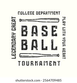 Baseball tournament square typographic emblem with rough texture. Graphic design for t-shirt. Black print on white background