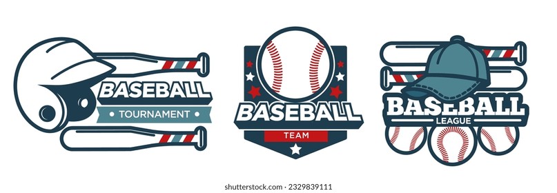 Baseball tournament team and league. Isolated icons with balls and bats, sports supplies. Entertainment and professional game. Logotype or emblem, logo or promotional banner. Vector in flat style