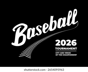 Modelo de torneio de beisebol com letras à mão. Design de texto branco caligráfico de "beisebol". Ilustração vetorial no plano de fundo preto. Escrito à mão com contraste no estilo de letras esportivas