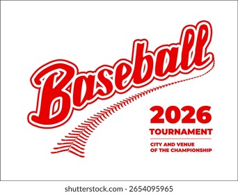 Modelo de torneio de beisebol com letras à mão. Design de texto caligráfico vermelho "Beisebol". Ilustração vetorial sobre fundo branco. Escrito à mão com contraste no estilo de letras esportivas a