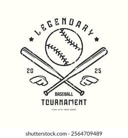 Baseball tournament typographic emblem with rough texture. Thin line style design for t-shirt. Black print on white background