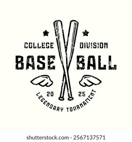 Baseball tournament typographic emblem with rough texture. Thin line style design for t-shirt. Black print on white background