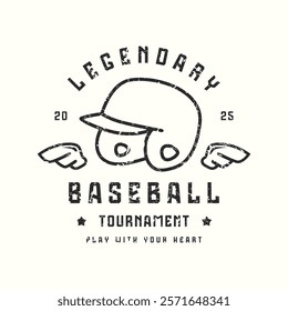 Baseball tournament typographic emblem with rough texture. Thin line style design for t-shirt. Black print on white background