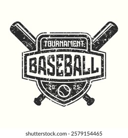Baseball tournament typographic emblem with rough texture. Graphic design for t-shirt. Black print on white background