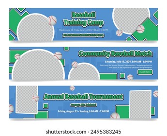 Baseball training camp community match banner copy space design template set realistic vector illustration. Sport game annual tournament advertising announcement with ball and court