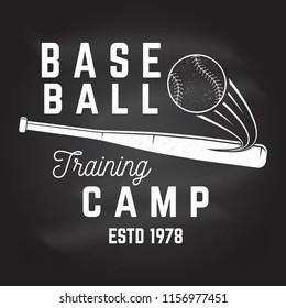 Baseball training camp on the chalkboard. Vector illustration. Concept for shirt or logo, print, stamp or tee. Vintage typography design with baseball bat and ball for baseball silhouette.