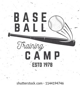 Baseball training camp. Vector illustration. Concept for shirt or logo, print, stamp or tee. Vintage typography design with baseball bat and ball for baseball silhouette.