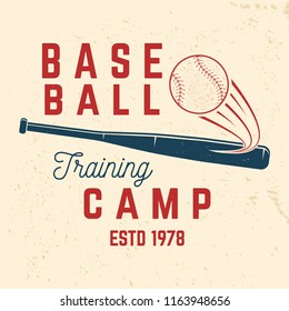 Baseball training camp. Vector illustration. Concept for shirt or logo, print, stamp or tee. Vintage typography design with baseball bat and ball for baseball silhouette.