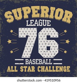 Baseball t-shirt graphic design. All Stars Championship typography emblem Sport wear tshirt stamp, tee graphics, vintage print, athletic apparel design. vector