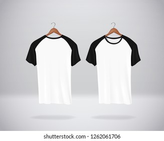 Baseball T-Shirts Mock-up clothes hanging isolated on wall, blank front and rear side view.