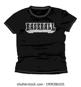 Baseball typographic emblem. Graphic design for t-shirt. Gray print on black wear