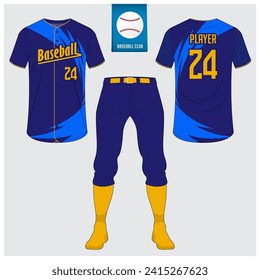 Baseball uniform or baseball jersey mock up. Sportswear, t-shirt sport, short, sock template. Front and back view sport uniform. Flat baseball logo on blue label. Vector Illustration.