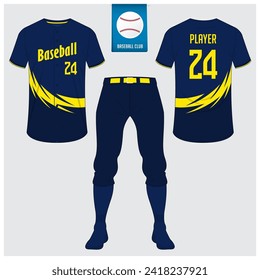 Baseball uniform or baseball jersey mock up. Sportswear, t-shirt sport, short, sock template. Front and back view baseball kit. Flat baseball logo on blue label. Vector Illustration.