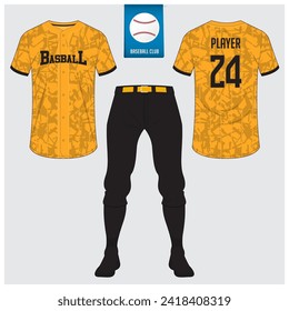 Baseball uniform or baseball jersey mock up. Sportswear, t-shirt sport, short, sock template. Front and back view baseball kit. Flat baseball logo on blue label. Vector Illustration.