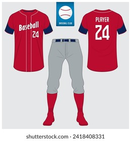 Baseball uniform or baseball jersey mock up. Sportswear, t-shirt sport, short, sock template. Front and back view baseball kit. Flat baseball logo on blue label. Vector Illustration.